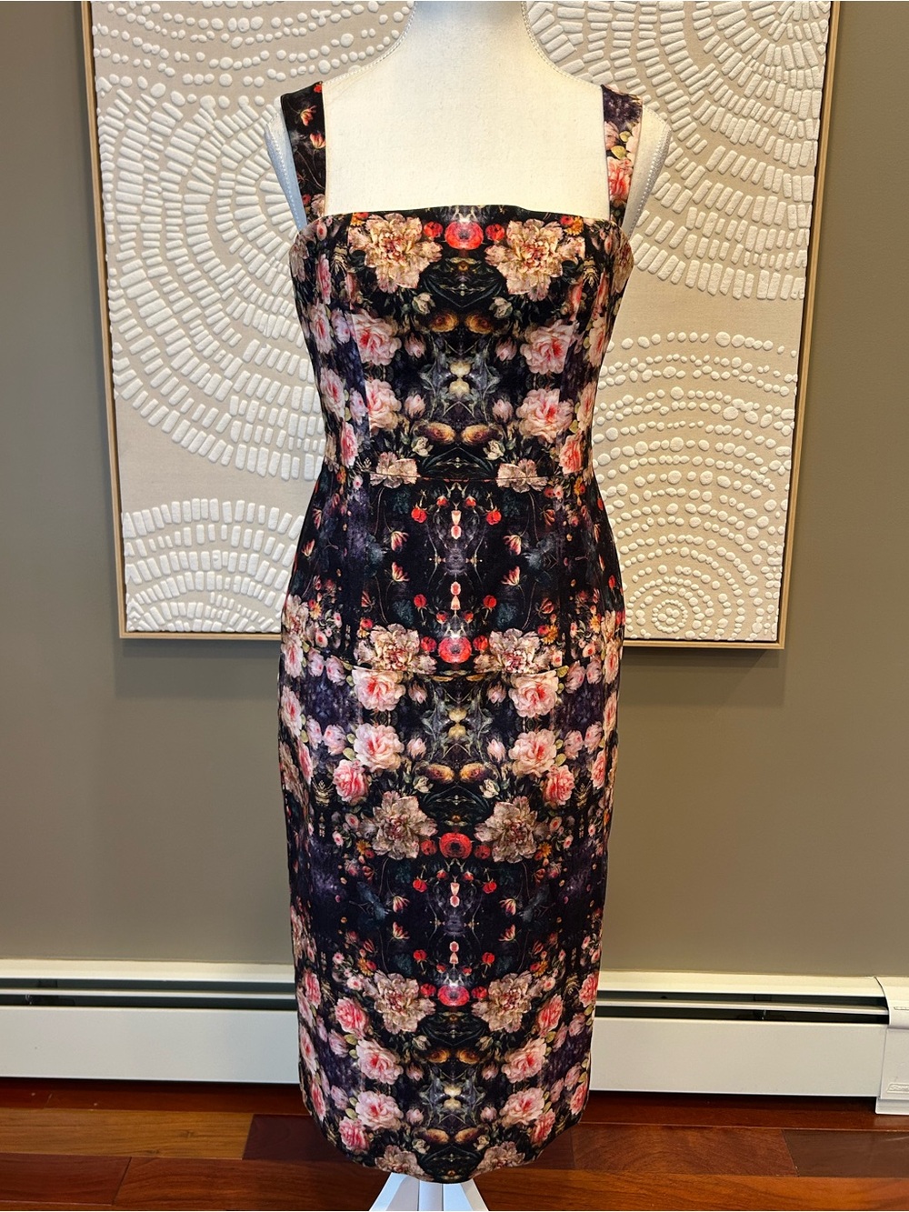 Black Halo Black Floral Square-Neck Midi Dress Size 8 New